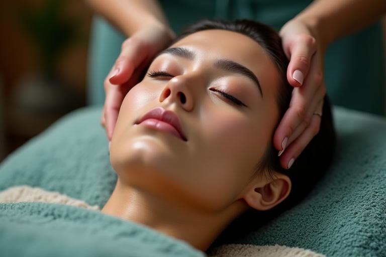 Mujer disfrutando de un tratamiento de head spa japonés en un entorno relajante.